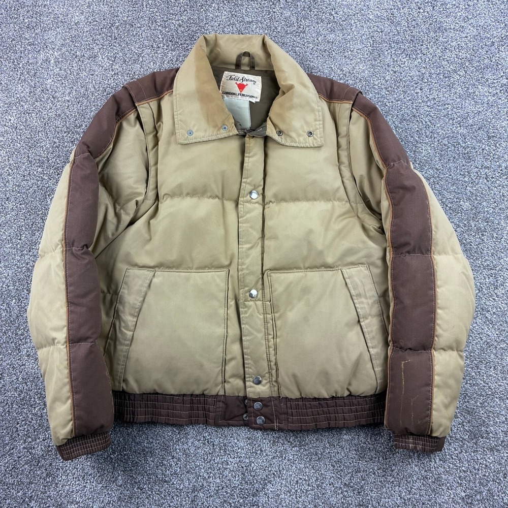 Vintage Field Stream Puffer Jacket Mens Medium Tan Brown Zip Off Sleeve Down
